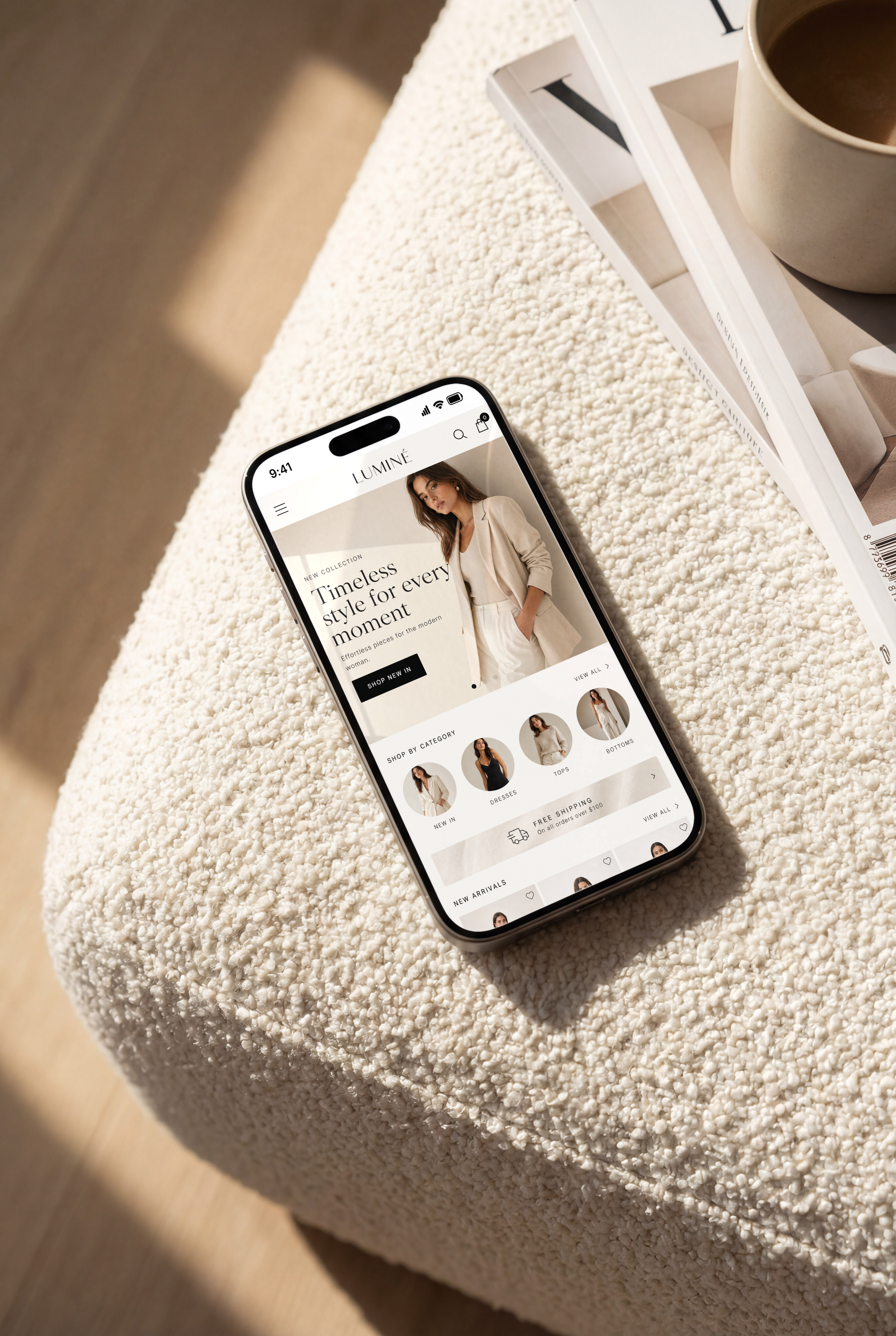 IPhone 17 Pro Mockup on Boucle Sofa