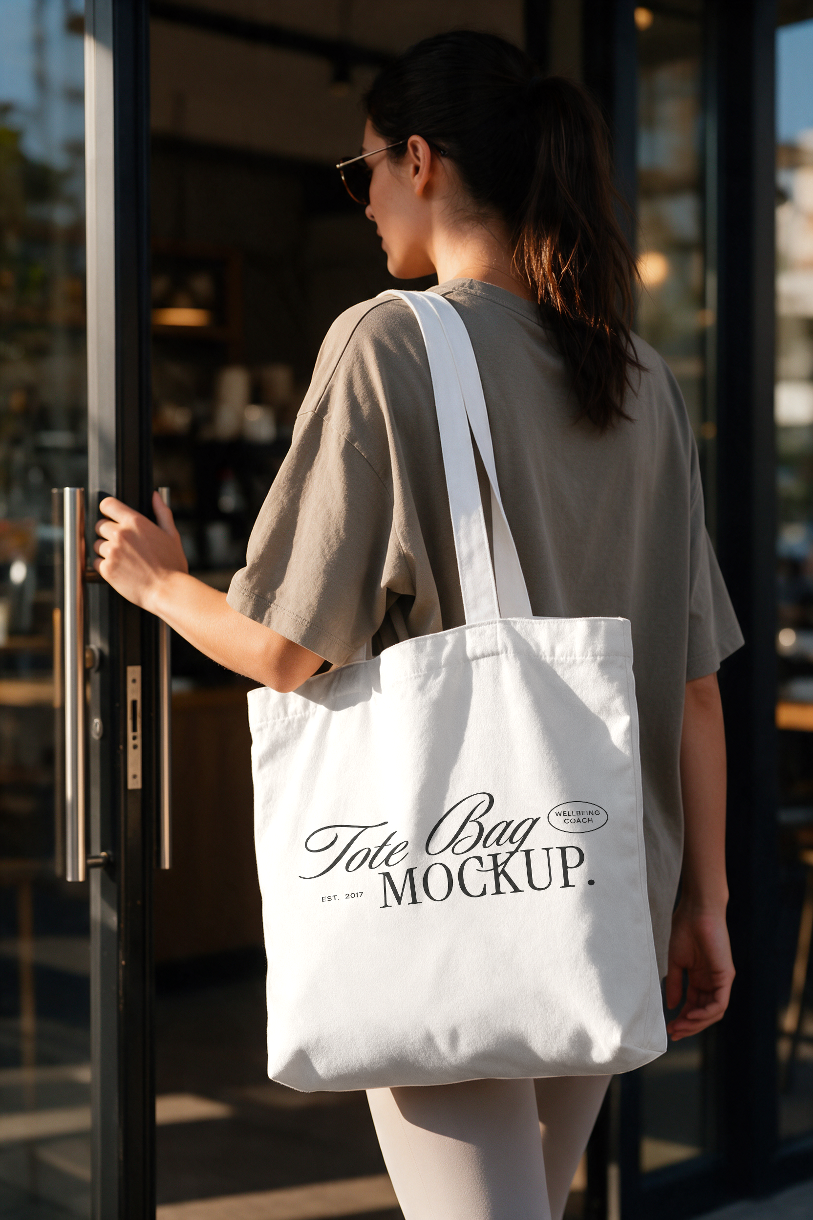 Tote Bag Mockup of a Young Woman Entering a Cafe