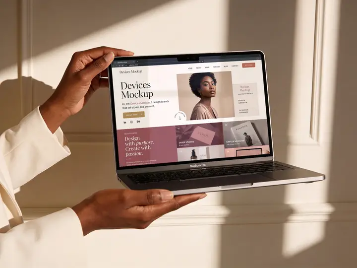 MacBook Mockup Hand Held Creamy Style