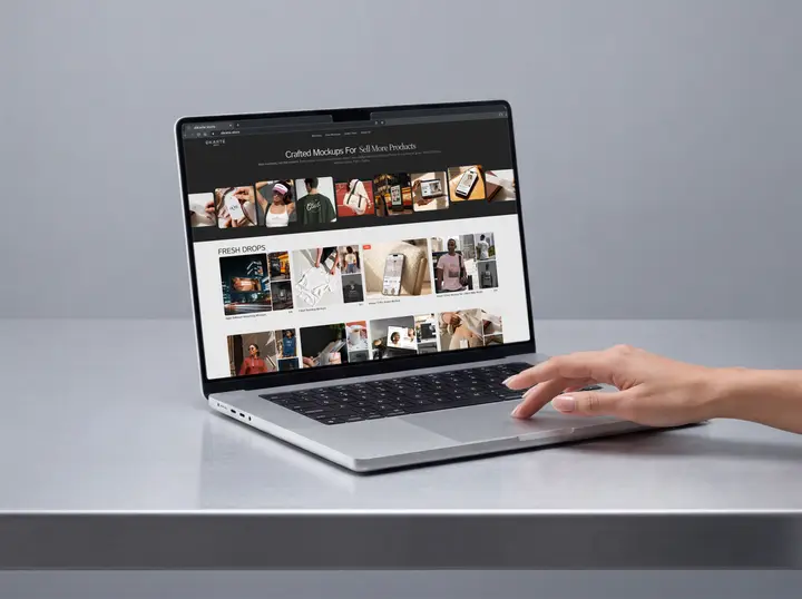 MacBook Mockup with Hand and Aluminum Table