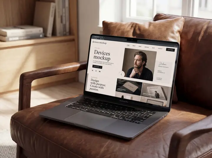 MacBook Mockup on a Leather Sofa