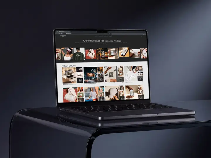 MacBook Mockup on Glass Table