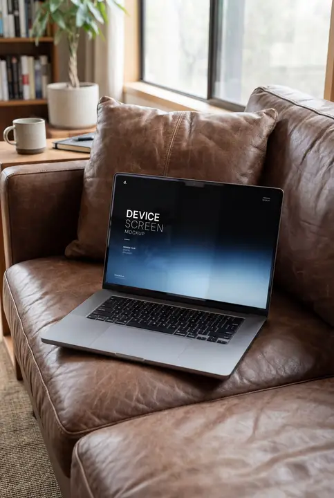 MacBook Mockup on a Leather Sofa