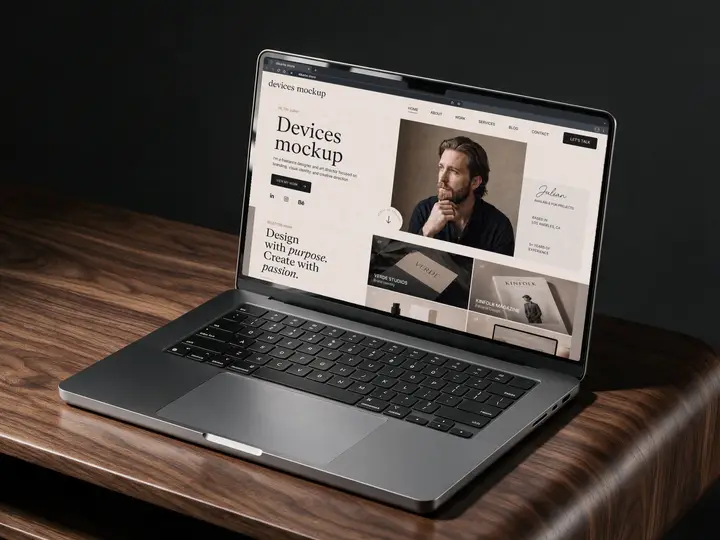 Macbook mockup devices Dark Walnut Desk
