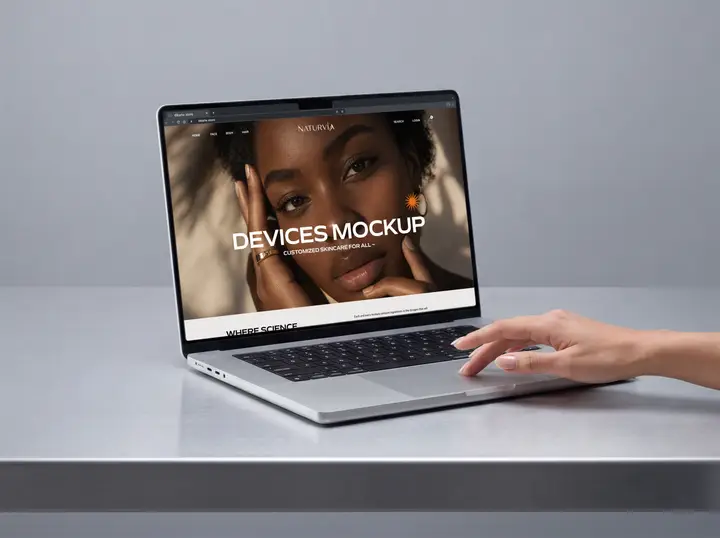 MacBook Mockup with Hand and Aluminum Table