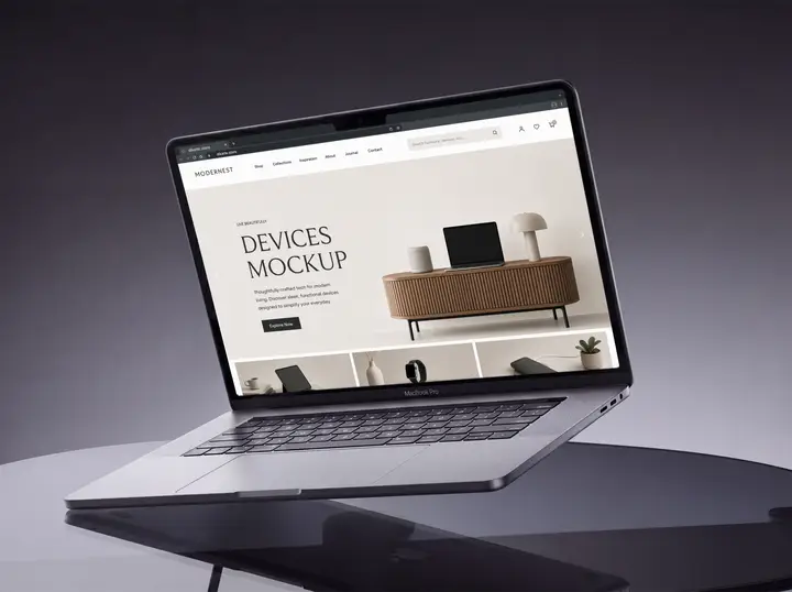 MacBook Mockup on Glass Table
