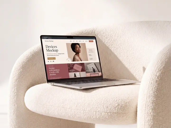 MacBook Mockup on Boucle Sofa