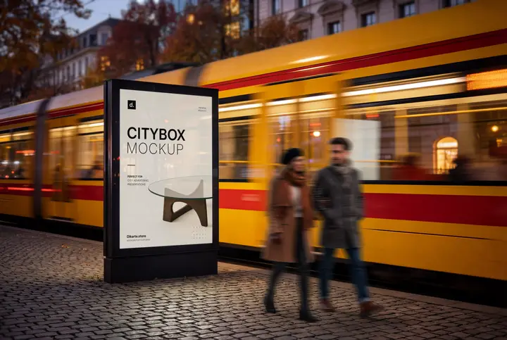 Citybox mockup advertising Night Tram and couple