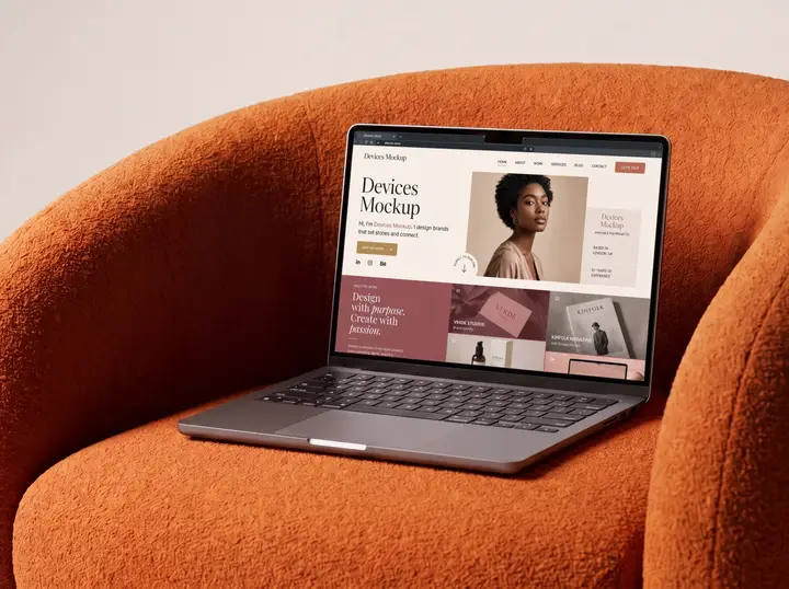 MacBook Mockup on Orange Boucle Sofa
