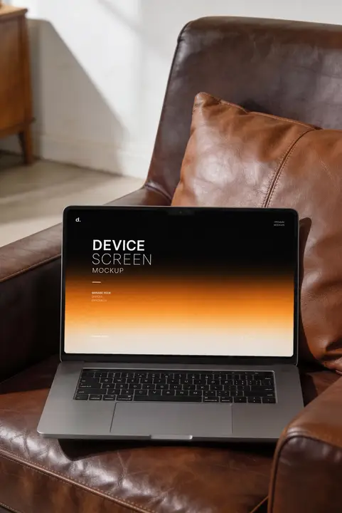 MacBook Mockup on a Leather Sofa