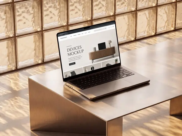 MacBook Mockup on Aluminum Table